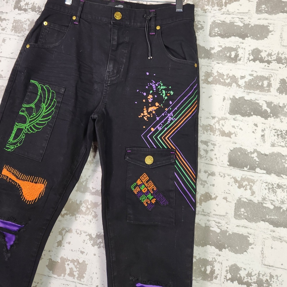 Blac‎ Leaf Wisdom and Legacy Mens Black Denim Jeans 32x32 Patches Streetwear Y2K - Picture 4 of 16